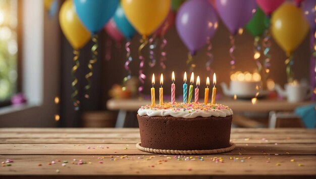 Geburtstags-Hintergrund mit Holztischkuchen und bunten Ballons im Hintergrund