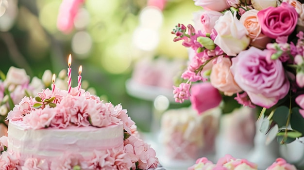 Geburtstags-Tischbild oder Süßigkeiten mit Süßigkeiten Geburtstagskuchen und Cupcakes schöne Party-Feier