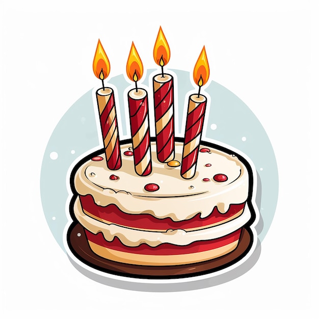 Geburtstagsaufkleber mit weißem und rotem Kuchen und Kerzen auf weißem, isoliertem Hintergrund