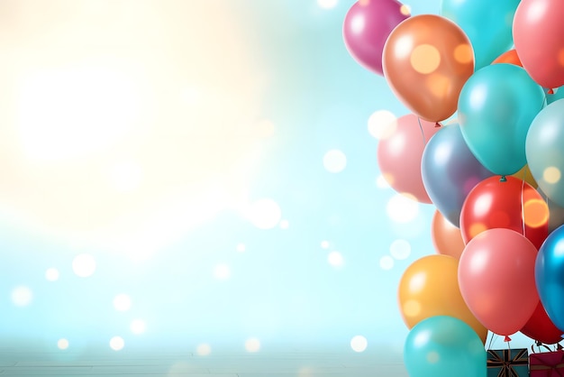 Geburtstagsballons, bunte Ballons, Hintergrund und Geburtstagskuchen mit Kerzen