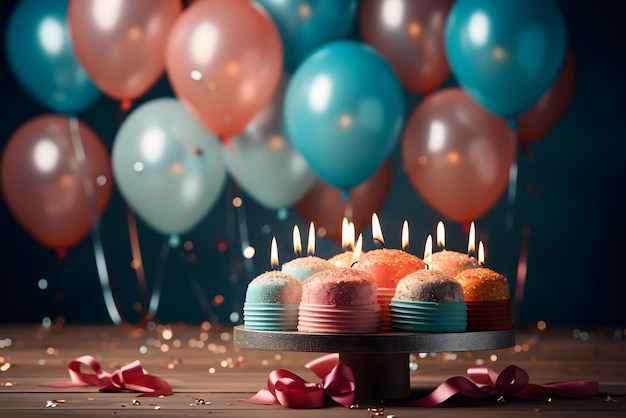 Geburtstagsballons bunte Ballons Hintergrund und Geburtstagskuchen mit Kerzen