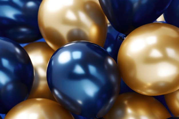 Foto geburtstagsballons goldene und blaue ballons hintergrund mit konfetti und bokeh-hintergrund ai generiert