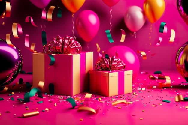 Geburtstagsbanner Viva Magenta-Raum mit Geschenken und Ballondekorationselement für Grußdesign Generative KI