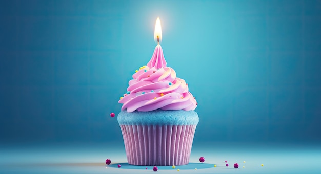 Geburtstagscupcake mit brennender Kerze auf blauem Hintergrund 3D-Illustration