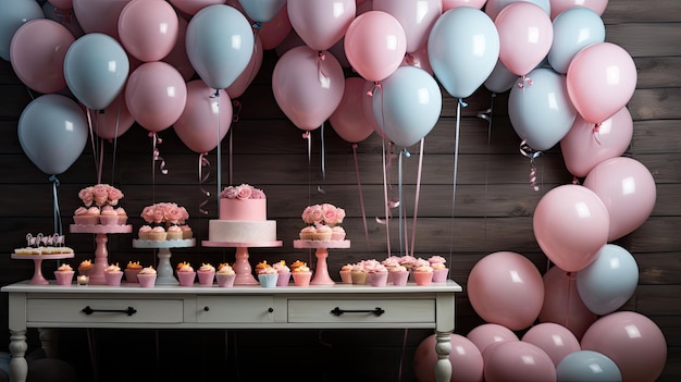 Geburtstagsdekorationen, Luftballons, Girlanden und Dekor für eine kleine Babyparty auf einem Wandhintergrund