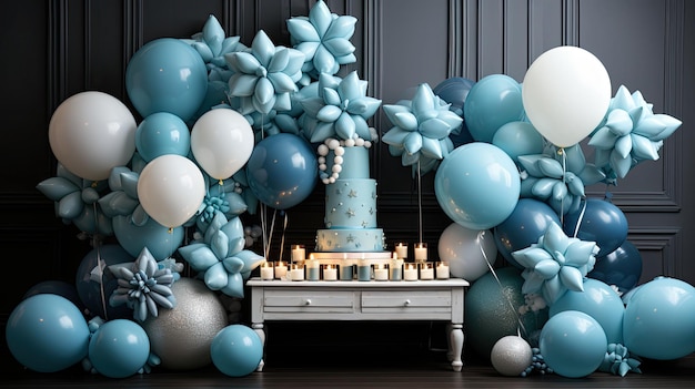 Geburtstagsdekorationen, Luftballons, Girlanden und Dekor für eine kleine Babyparty auf einem Wandhintergrund