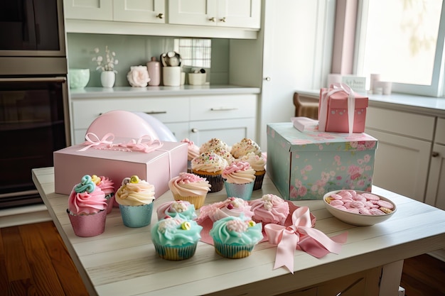 Geburtstagsfeier im Cupcake-Stil mit Dekorationen, Kuchen und Geschenken, erstellt mit generativer KI