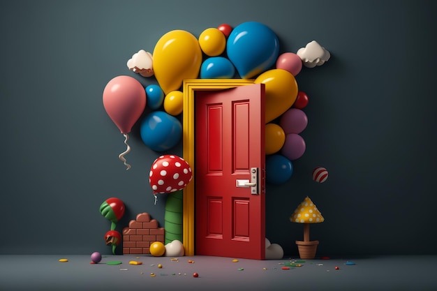Geburtstagsfeier mit bunten Luftballons und Tür Generative KI-Illustration