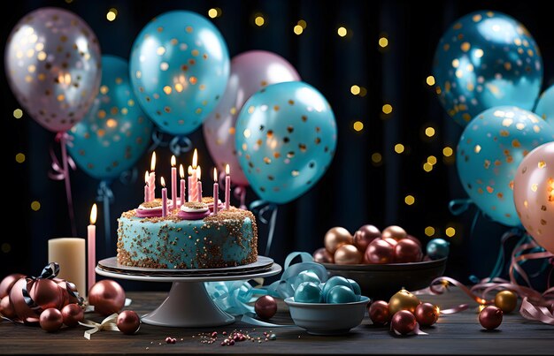 Foto geburtstagsfeier mit einem kuchen mit kerzen konfetti geschenke und ballons generative ai