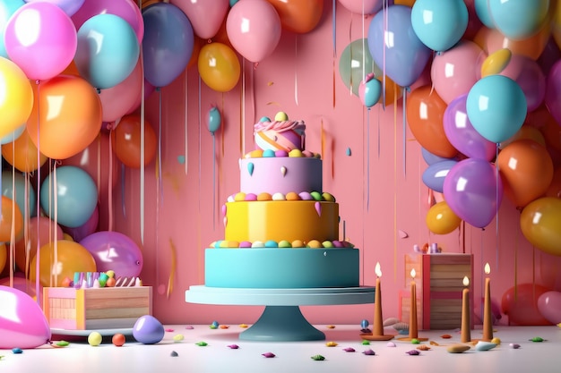 Geburtstagsfeier mit Kuchen und Luftballons aus Zuckerguss und Dekorationen mit generativer KI-Technologie