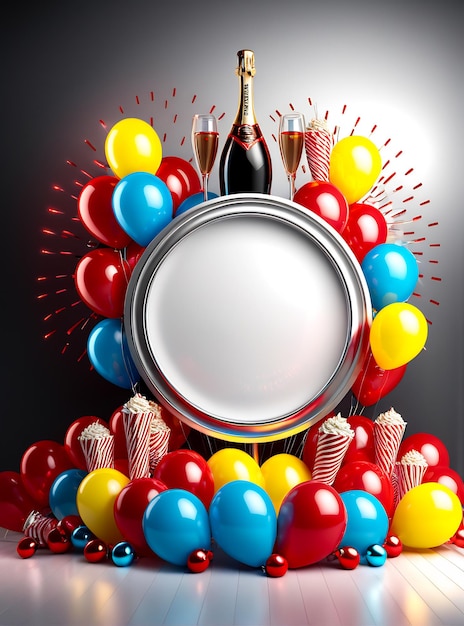 Geburtstagsfeier Poster Design Banner Copyspace Party Hintergrund Ballons Champagnerkuchen