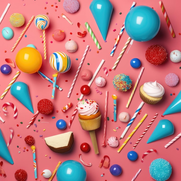 Geburtstagsfeierkappen, Papierstrohhalme, Süßigkeiten und Ballons auf farbenfrohem Hintergrund Generative KI