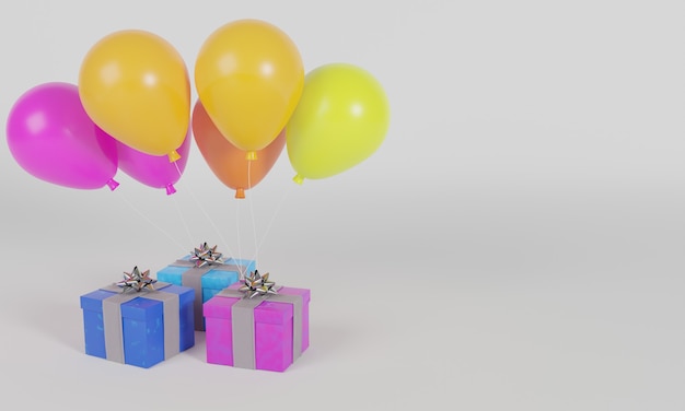 Geburtstagsgeschenkbox mit buntem Ballon auf weißem Hintergrund 3D-Rendering