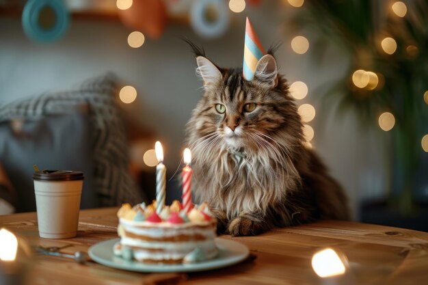 Geburtstagskatte Maine Coon Katze mit Mütze sitzt am Tisch neben dem Kuchen mit Kerze Fürsorge und Liebe zu Haustieren