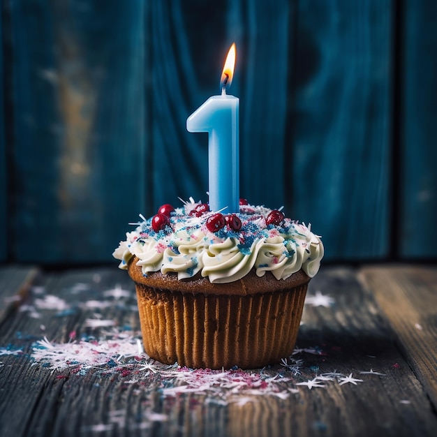 Geburtstagskleiner kuchen mit blauer Kerze auf hölzernem Hintergrund, selektiver Fokus