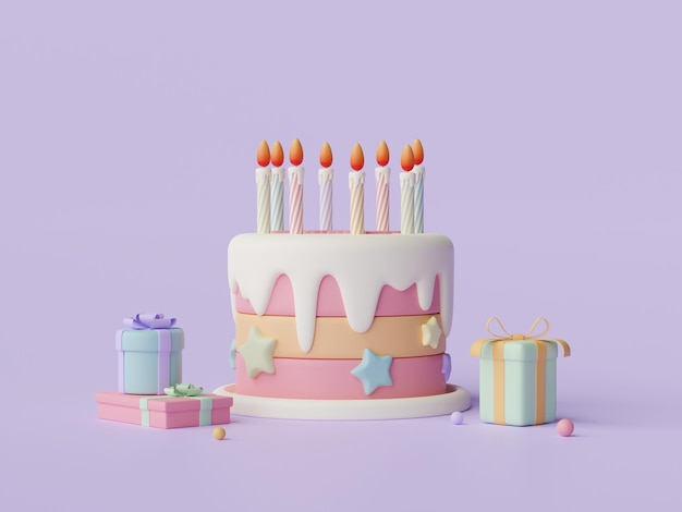 Geburtstagskuchen für eine Feier mit Geschenkkiste Happy Birthday 3d-Illustration