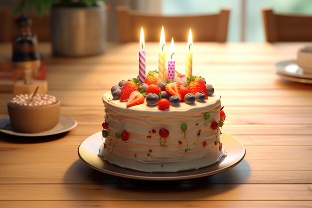 Geburtstagskuchen Hauptsächlich weißer Kuchen Obst Eine Kerze