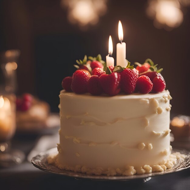 Geburtstagskuchen mit Erdbeeren und Kerzen auf dunklem Hintergrund Toned