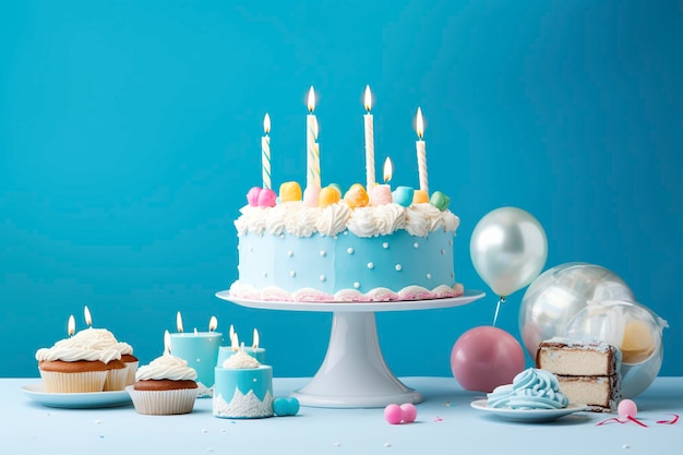 Geburtstagskuchen mit Kerzen und Süßigkeiten auf einem weißen Tisch in der Nähe einer blauen Wand