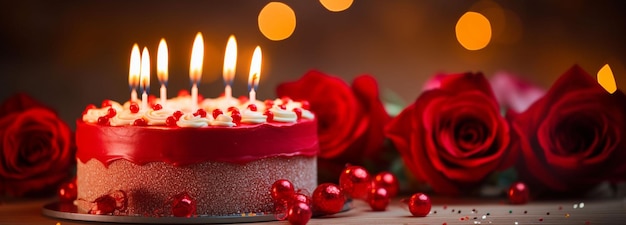 Geburtstagskuchen mit roten Rosen geschmückt