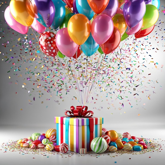 Geburtstagskuchen umgeben von Ballons und Konfetti Generative KI