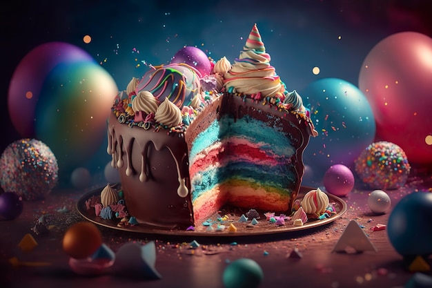 Geburtstagskuchen zur Feier mit viel Zuckerguss und Dekorationen von Generative Ai