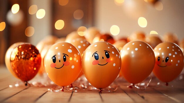 Foto geburtstagsparty-dekor und bunte ballons mit verschiedenen gesichtern, emoticons, viel lachen, lächeln auf beige hintergrund