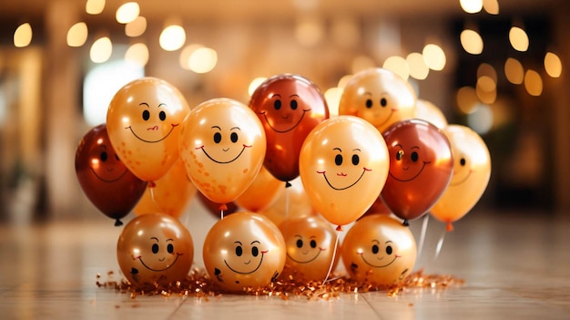 Foto geburtstagsparty-dekor und bunte ballons mit verschiedenen gesichtern, emoticons, viel lachen, lächeln auf beige hintergrund