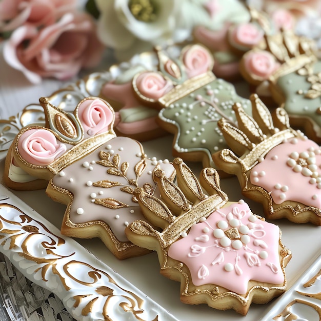 Geburtstagsschüssel der Prinzessin Kronenkekse mit luxuriösen rosa und goldenen Details Blumenmuster