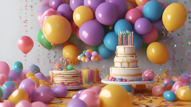 Geburtstagstorte mit bunten Luftballons und Konfetti 3D-Rendering