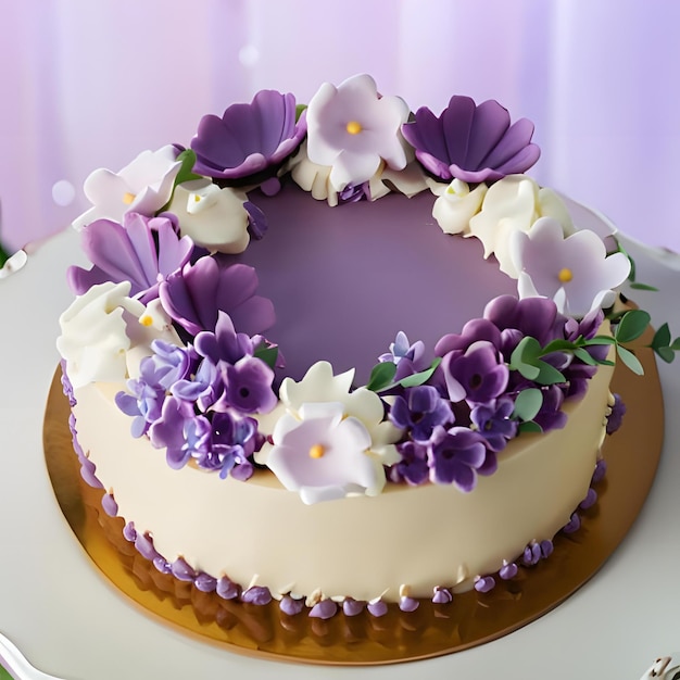 Geburtstagstorte mit cremefarbenen Blumen und lila Dekorationen 6 042317