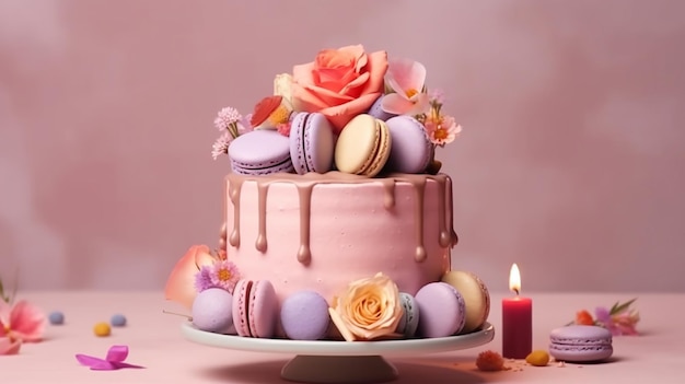 Geburtstagstorte mit Kerzen auf unscharfem Hintergrund rosa