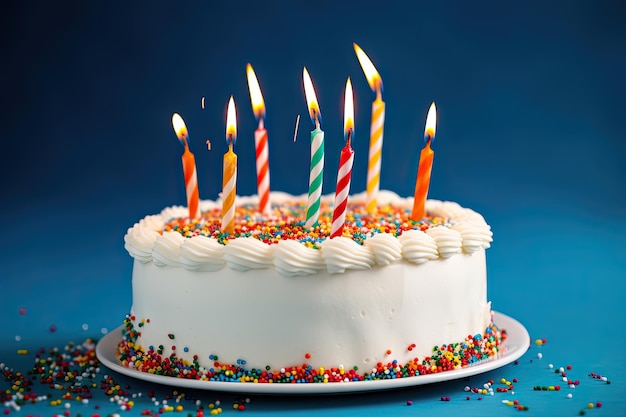 Geburtstagstorte mit Kerzen und weißer Creme auf blauem Hintergrund Ai generativ