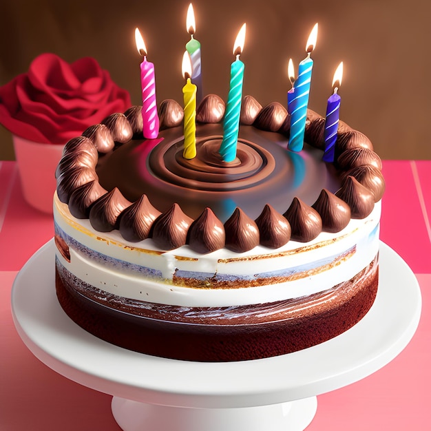 Geburtstagstorte mit Schokoladenglasur, bunten Kerzen und Schokoladenglasur