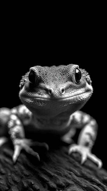 Gecko blanco y negro en fondo oscuro en pleno enfoque IA generativa