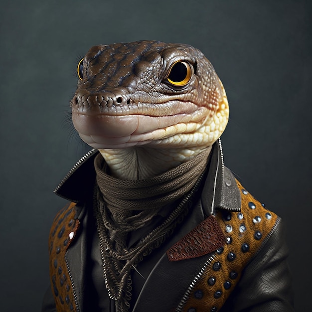 Un gecko con una chaqueta y una chaqueta con la palabra gecko.