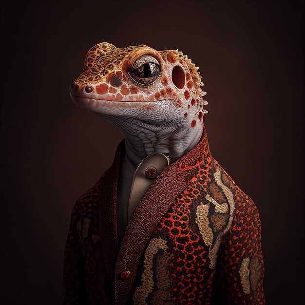 Un gecko con corbata roja y chaqueta roja.