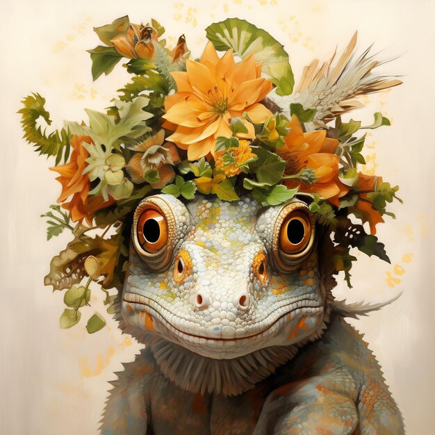 un gecko con una corona de flores en la cabeza