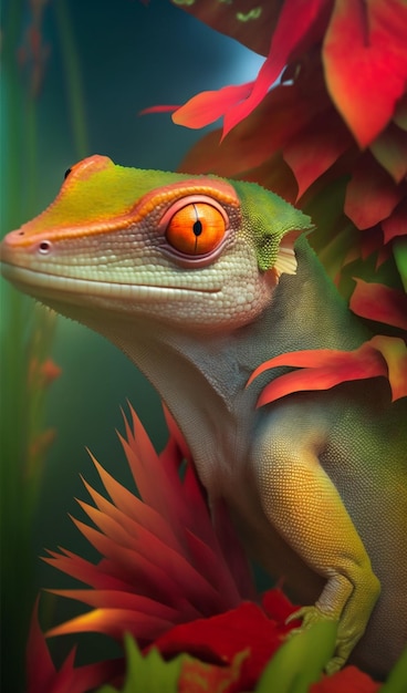 Un gecko con un ojo rojo se sienta en una planta.