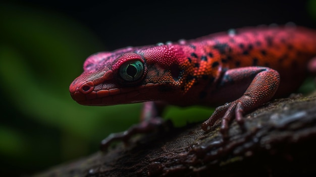Un gecko rojo y negro se sienta en una rama.
