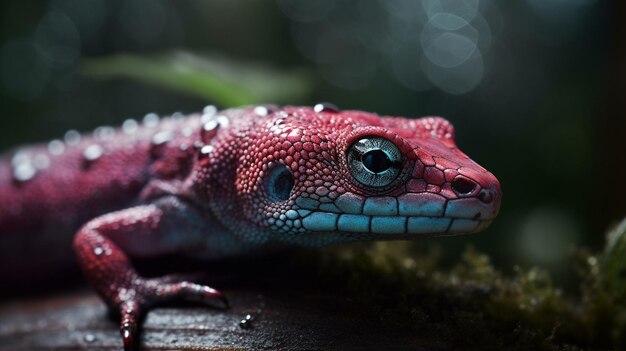 Un gecko rosa con cara azul y manchas rojas en la cabeza.