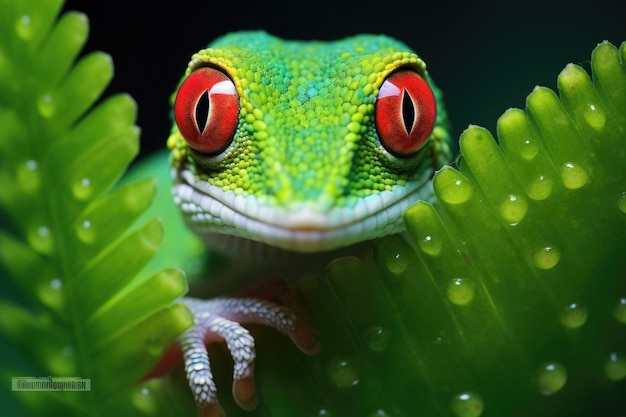 un gecko verde que cubre su ojo