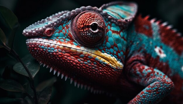 Gecko verde en rama cerca del ojo de reptil multicolor generado por IA