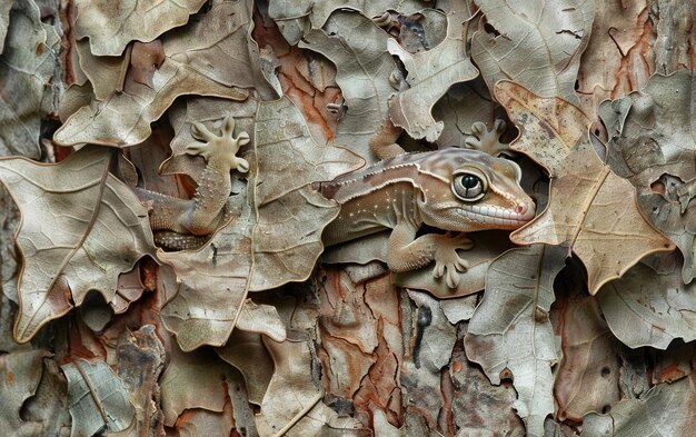 El geckos camuflado de cola de hoja