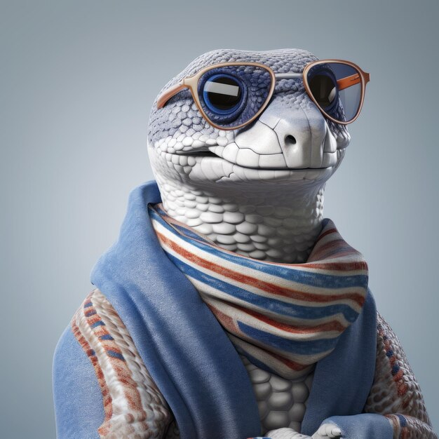 El geco gracioso con abrigo azul, bufanda y gafas.