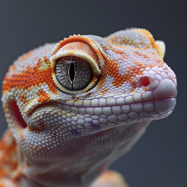 Foto un geco con un ojo rojo y un patrón blanco y naranja
