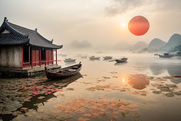 Gedämpfte chinesische Schriftrolle Ninh Binh Boot rote Sonne Nebel Seeufer Reispapier Textur perfekte Zusammensetzung