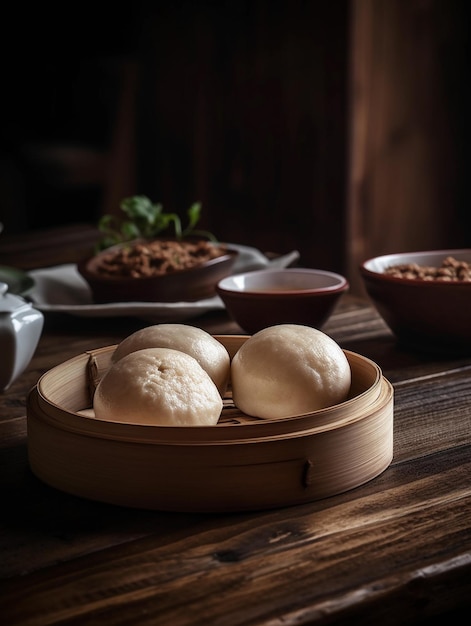 Gedämpfte Knödel-Dim-Sum im Bambuskorb auf Holzhintergrund