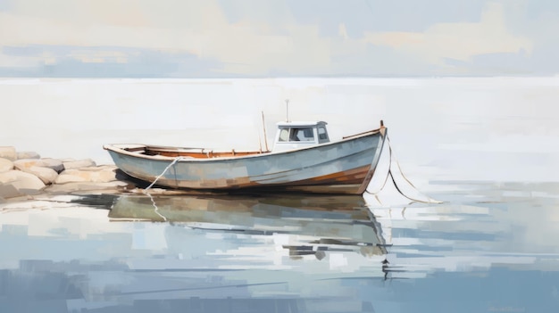 Gedämpfte Palette Marinemalerei Boot im Wasser mit weichen Chromreflexionen