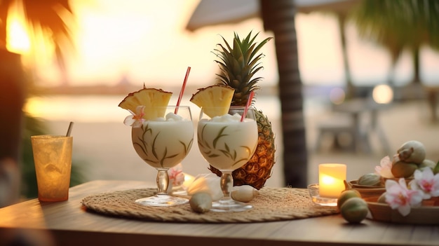 Gedeckter Strandtisch mit einem Tisch, der mit wunderschön garnierten Pina-Colada-Gläsern von AI Generated geschmückt ist